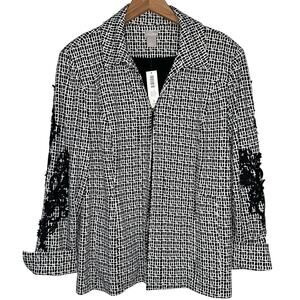 NWT Chico’s Ponte Black & White Crochet Lace Detail Jacket Size 12/14